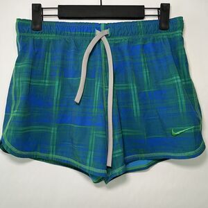 Nike Dri Fit Liked Running Shorts Womens Size Small Green Blue Plaid 4” Inseam